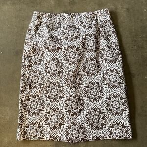 Vtg Chadwicks Womens 4 Brown Floral Lightweight Linen Knee Skirt Pencil Straight
